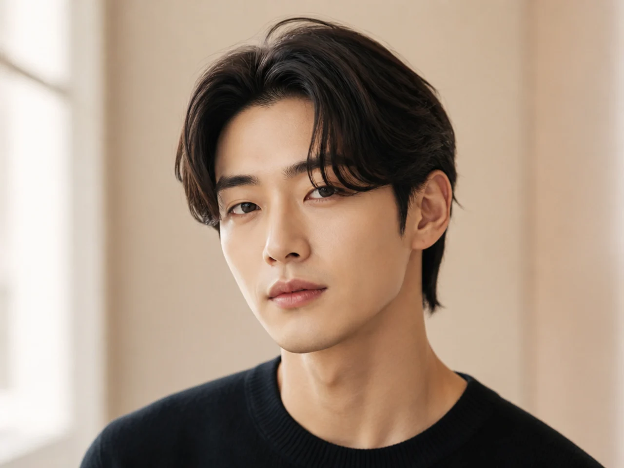 Modern minimalist Korean curtain haircut with clean lines, softer feathered fringe, and a subtle low taper on the sides