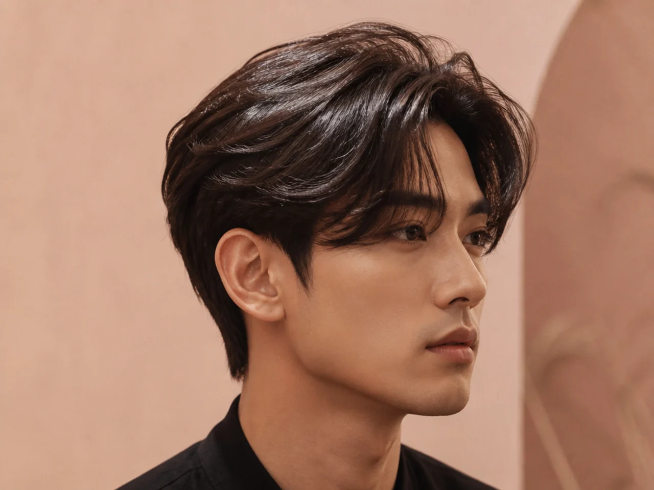 Off-center Korean curtain haircut with an asymmetric part where one curtain hangs longer than the other on a young man