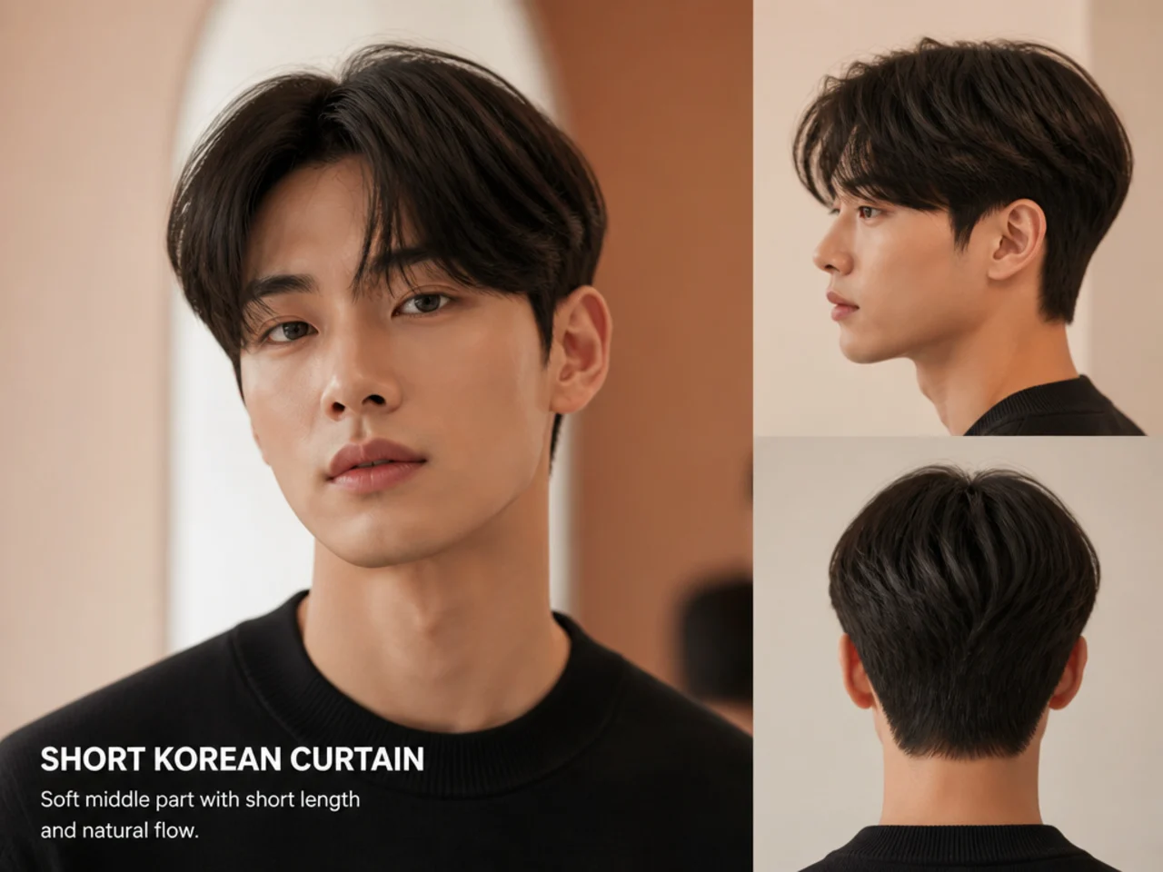 Short Korean curtain haircut around three inches on top with feathered fringe grazing the eyebrows on a young Korean man