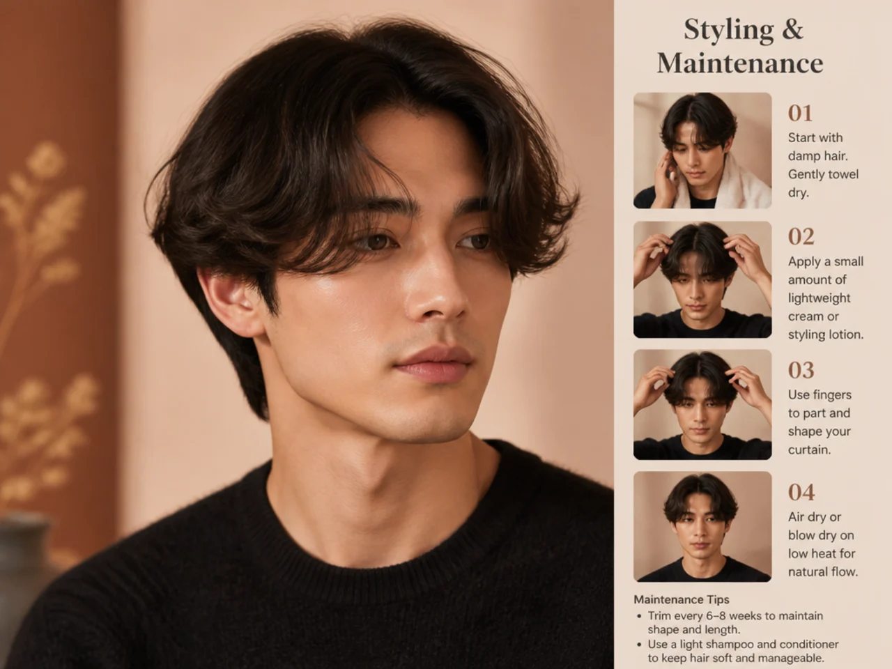 Flat-lay of styling products for a Korean curtain haircut: matte cream, sea-salt spray, wide-tooth comb, microfiber towel