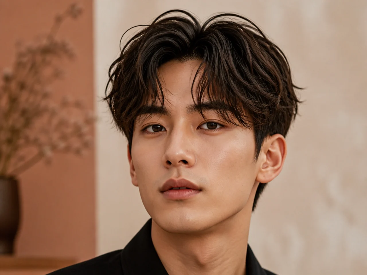 Textured piecey Korean curtain haircut with heavily broken-up ends and separated strands falling into two curtains