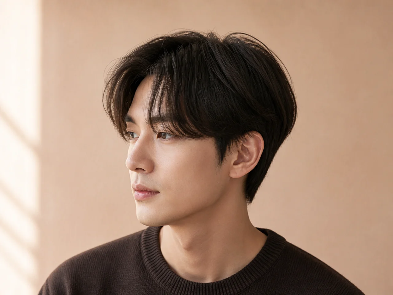 Korean curtain haircut styled for fine thin hair with heavy point-cutting and visible root lift at the crown
