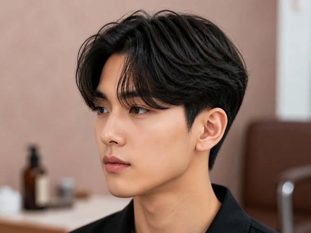 Two-block Korean curtain haircut with a buzzed underlayer and a longer scissor-cut curtain top on an Asian man
