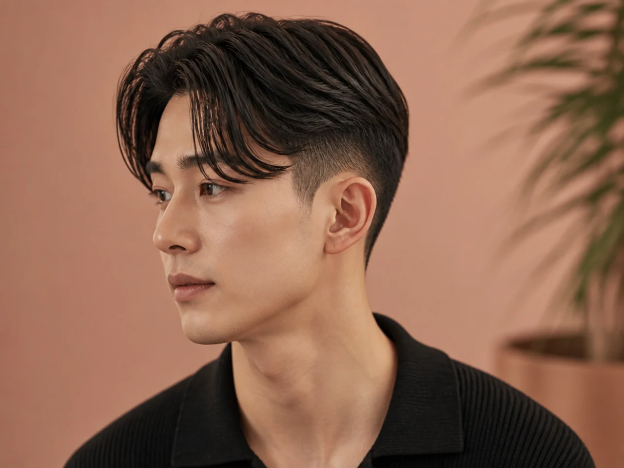Undercut Korean curtain haircut with a disconnected buzzed side and a longer center-parted top dropping into two curtains