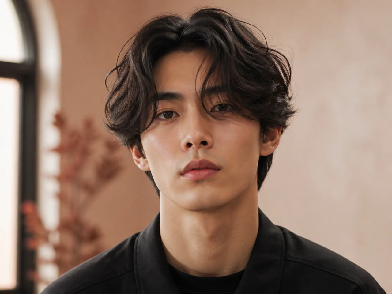 Wavy Korean curtain haircut with an S-curve wave falling forward into two soft curtains at the fringe