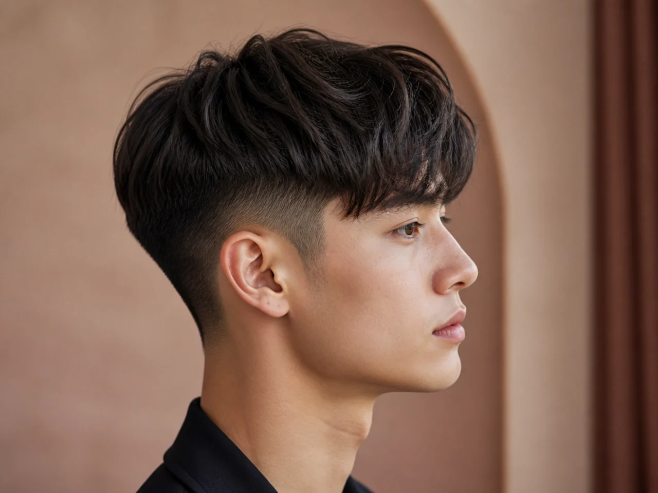 A side-swept Korean fringe angled across the forehead