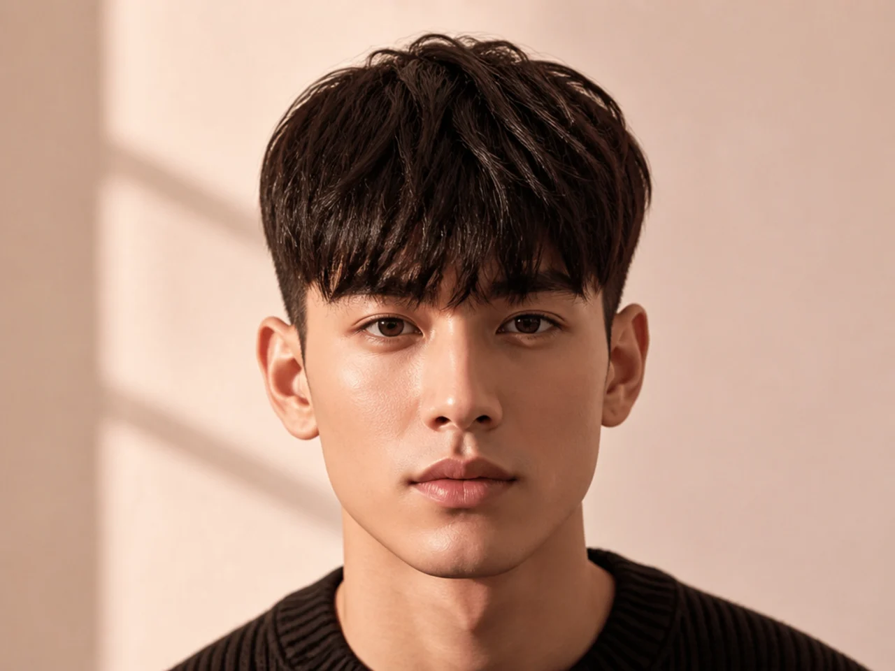 A two-block haircut with a full forward fringe