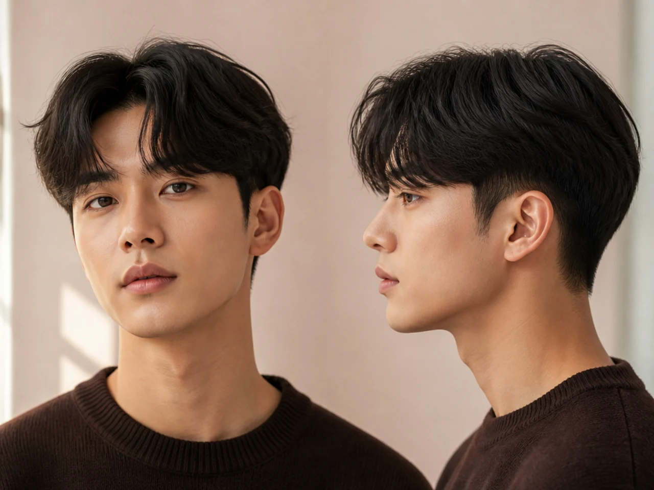 A centre-parted Korean fringe framing the forehead