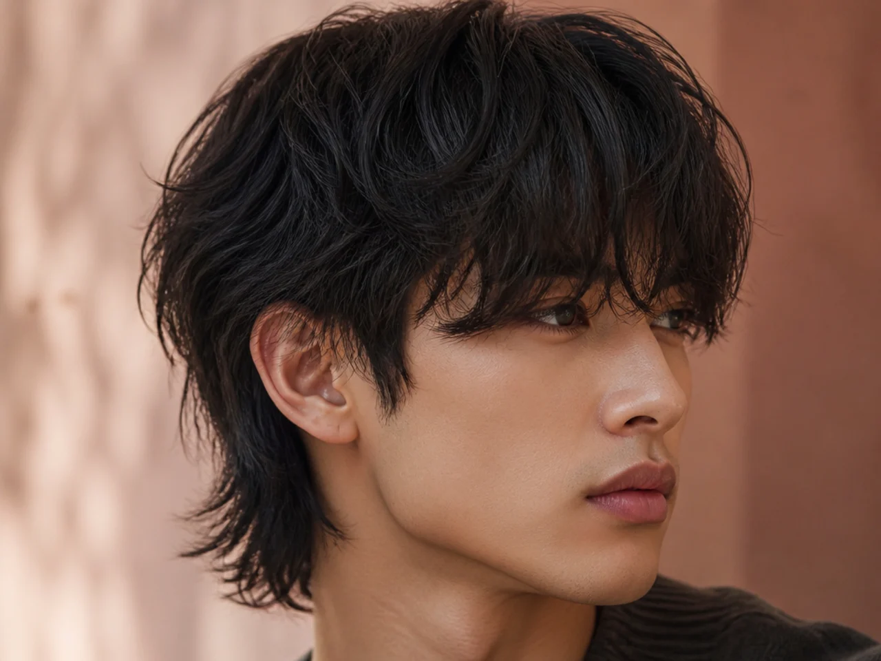 A layered wolf cut with a long Korean fringe
