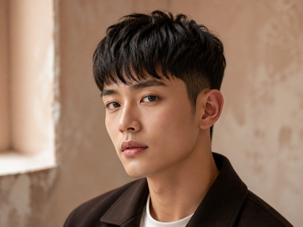 A short Korean fringe curved above the eyebrow