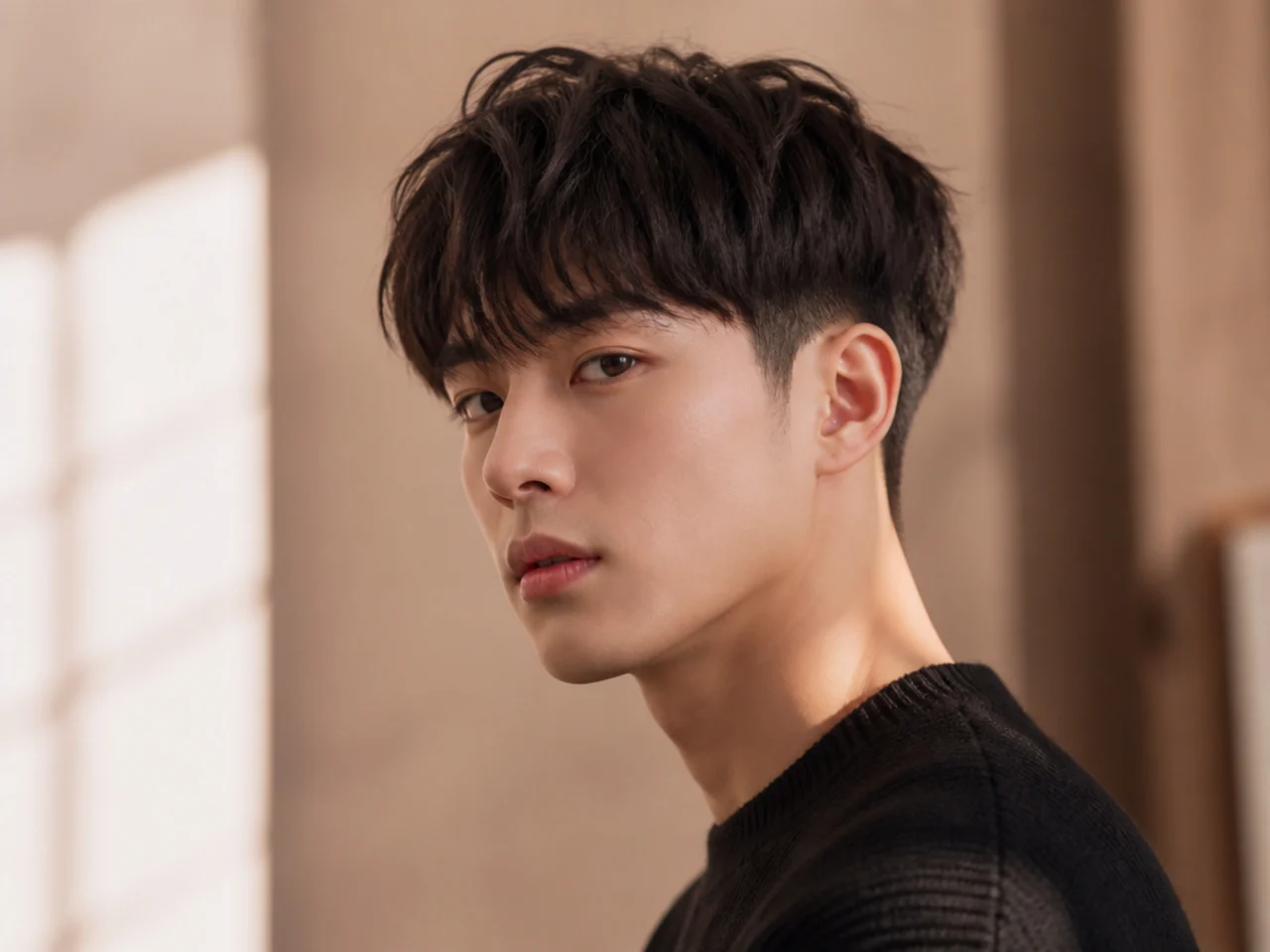 Three-quarter view of a Korean fringe haircut