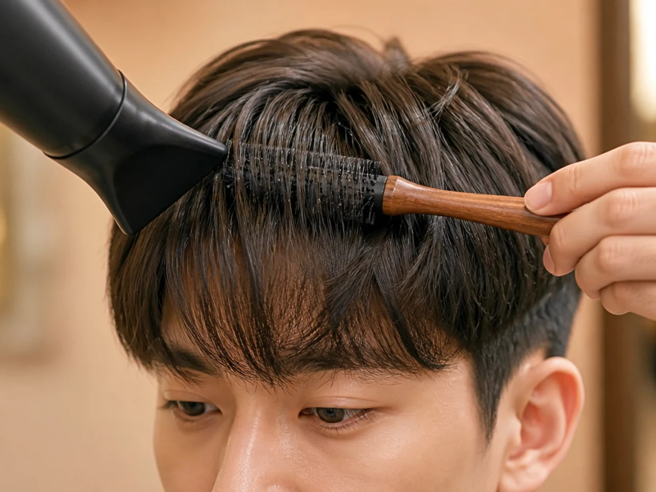 A round brush and dryer setting a Korean fringe