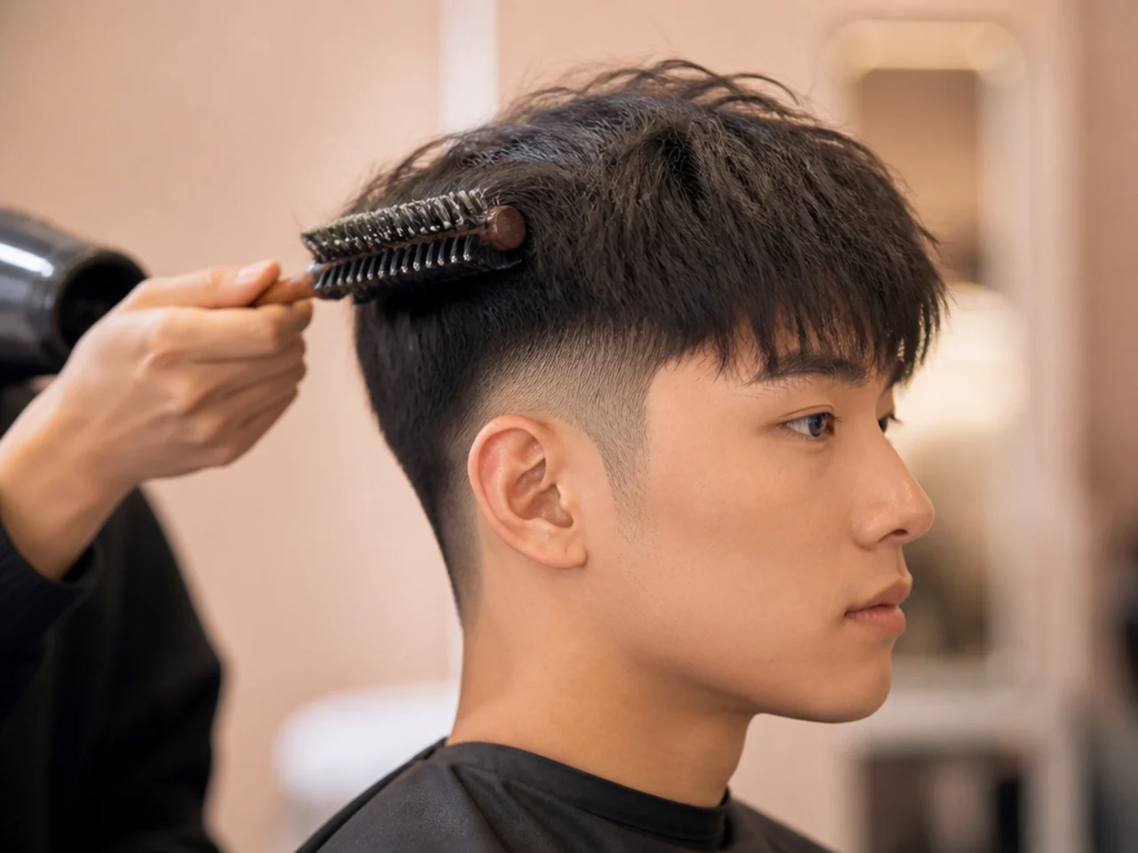 A round brush lifting a fringe at the root