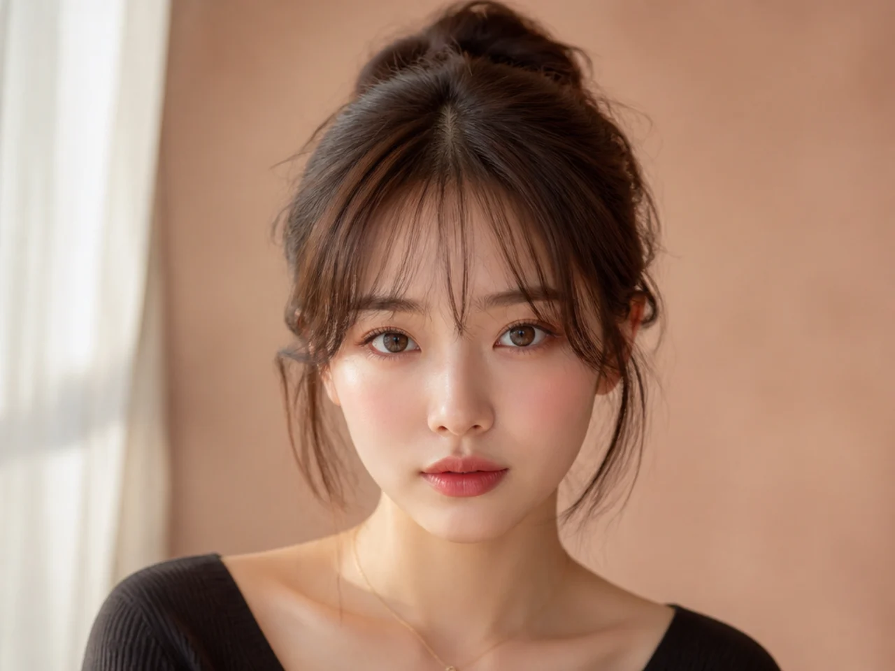 See-through bangs worn with hair gathered up