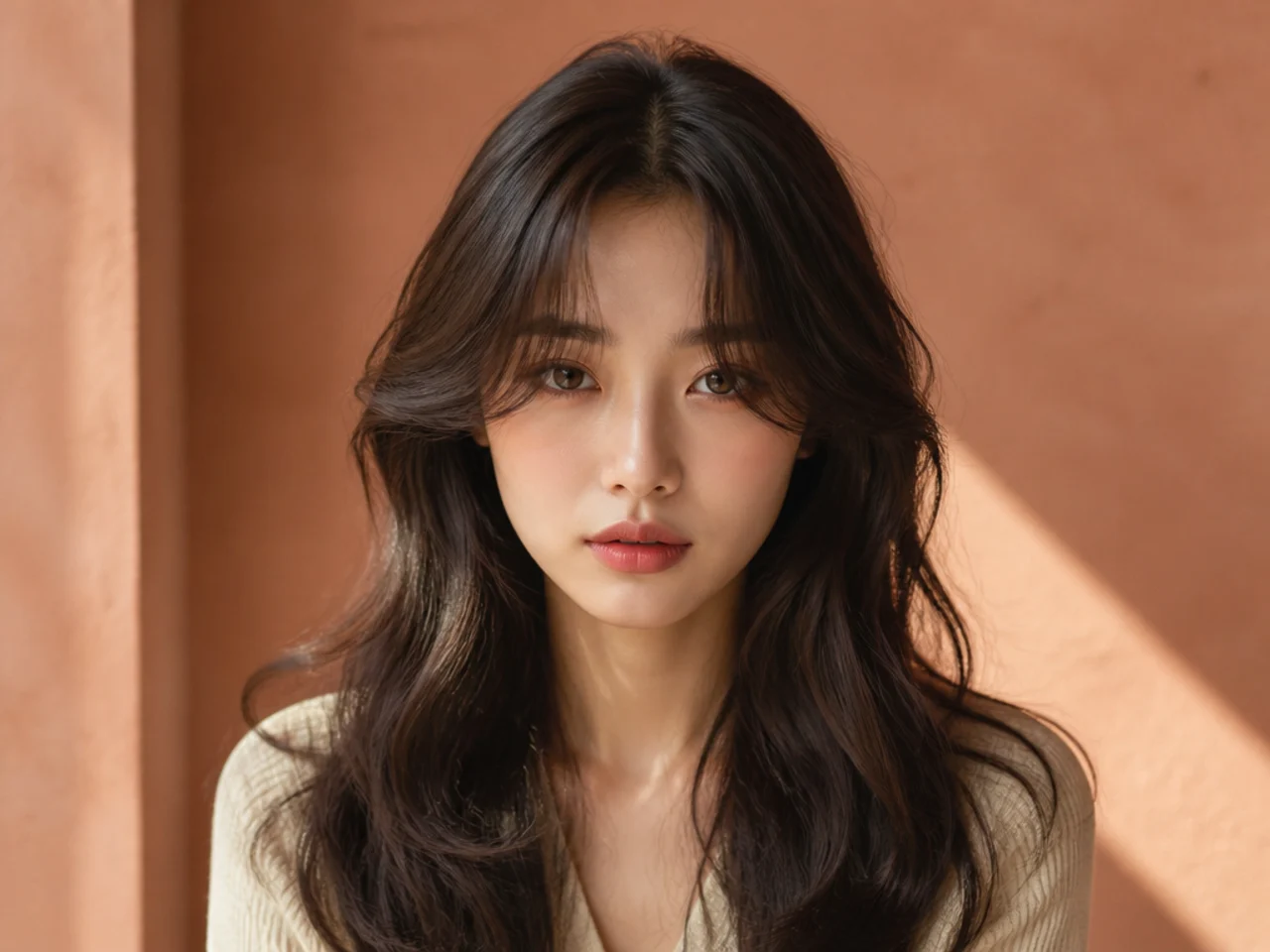 Curtain bangs on wavy hair