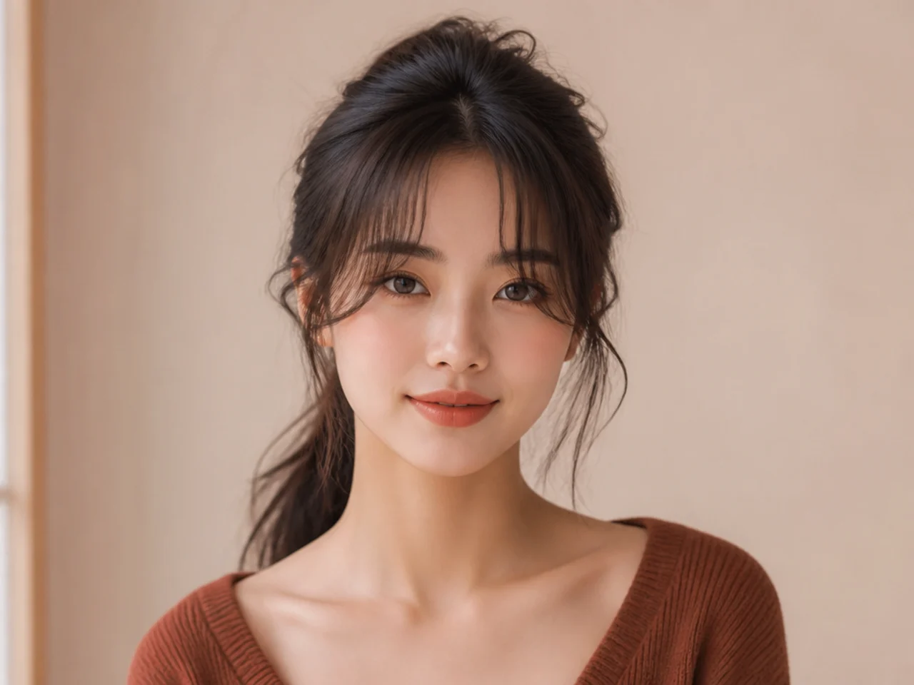 Curtain bangs worn with a ponytail