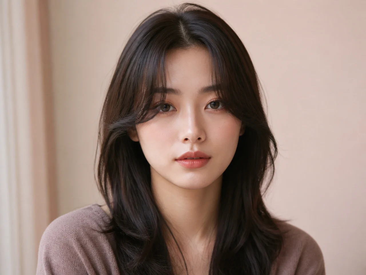 Cheekbone-length curtain bangs