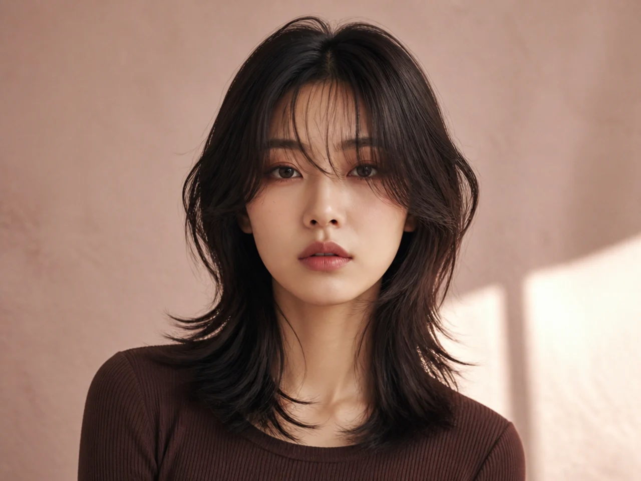 Curtain bangs with a wolf cut