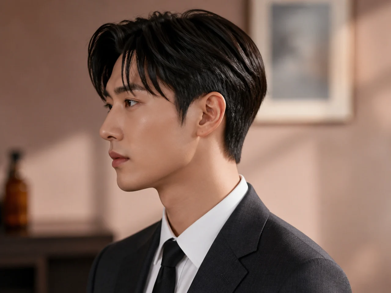 Clean K-drama business cut with a soft side part on straight black hair