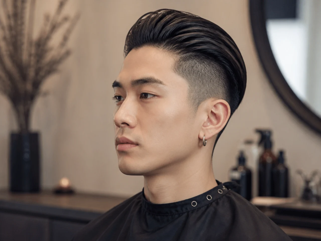 Slicked-back undercut with high-shine pomade on black hair