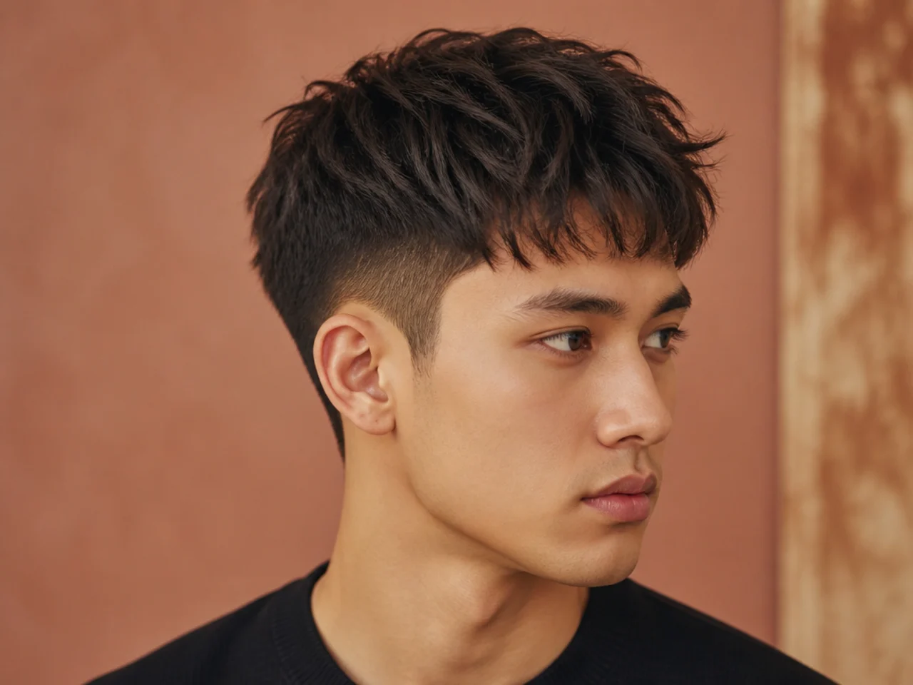 Korean textured crop with a soft fringe reaching the brow on medium-density straight hair