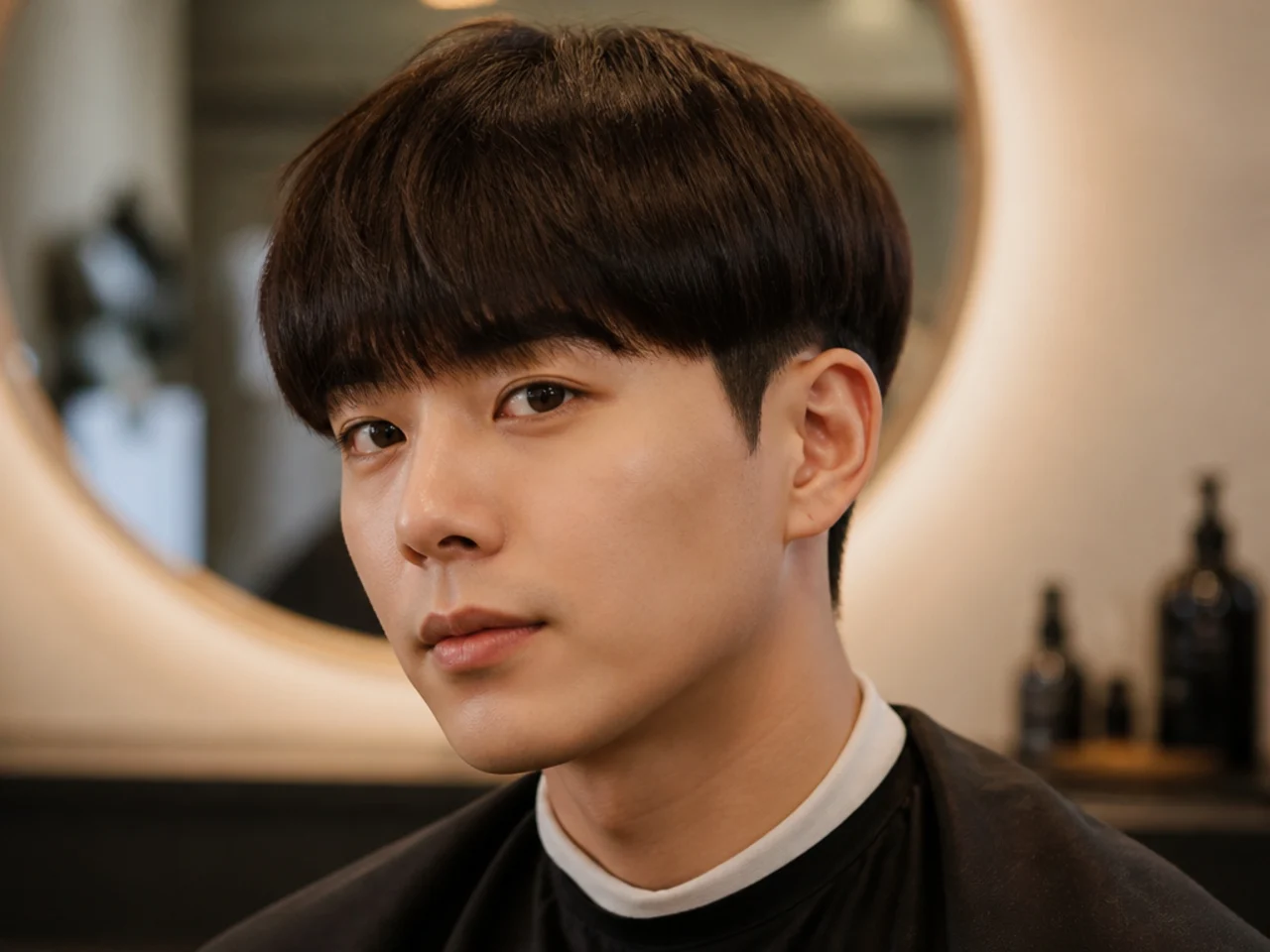 Modern Korean bowl cut with a smooth perimeter and undercut sides on straight black hair