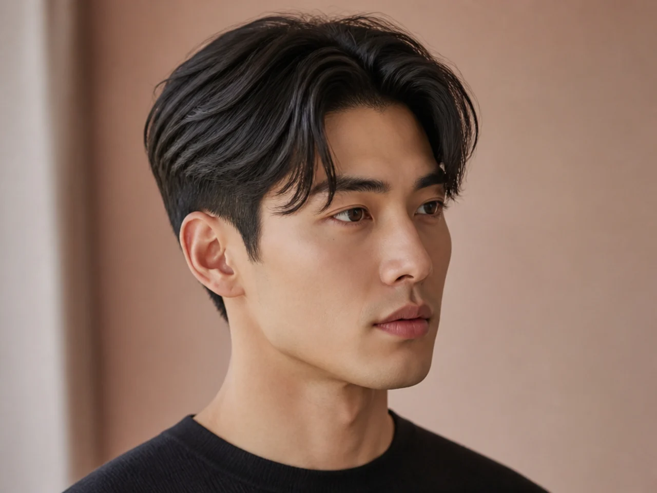 Ivy League K-style with a clean side part and short scissor-blended sides on straight black hair