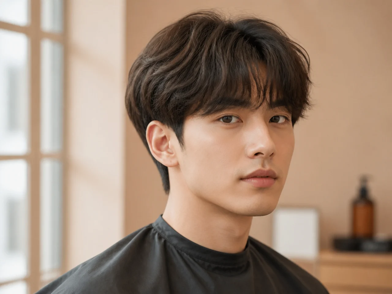 Fluffy layered fringe covering the forehead on straight black hair