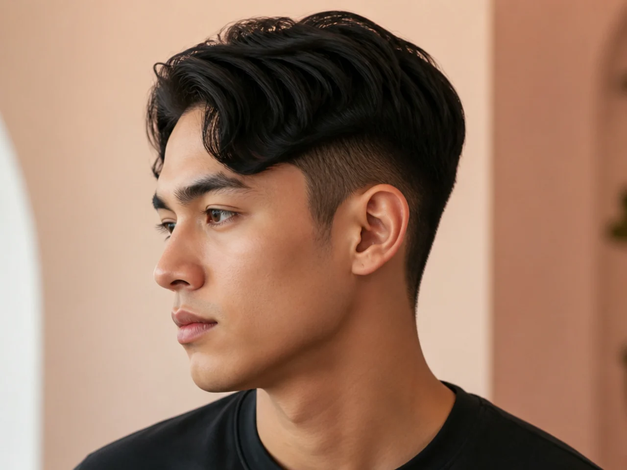 Undercut comma with a hard disconnect line and a single front curl on straight black hair