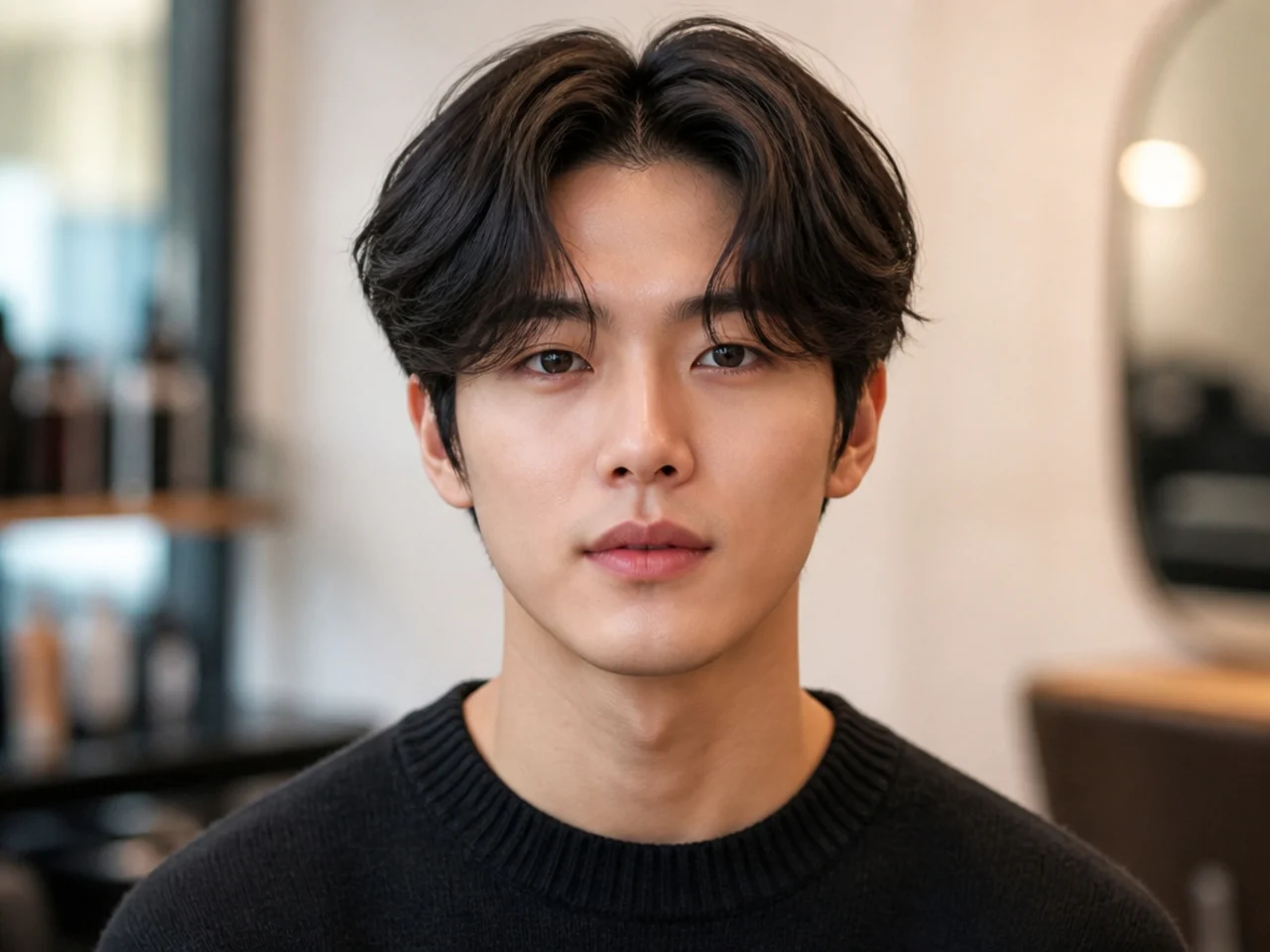 Loose center part with soft face-framing pieces on medium wavy black hair