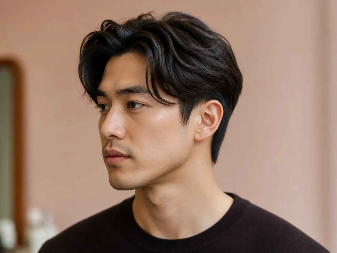 Single comma haircut with a curled front hook toward the dominant eye