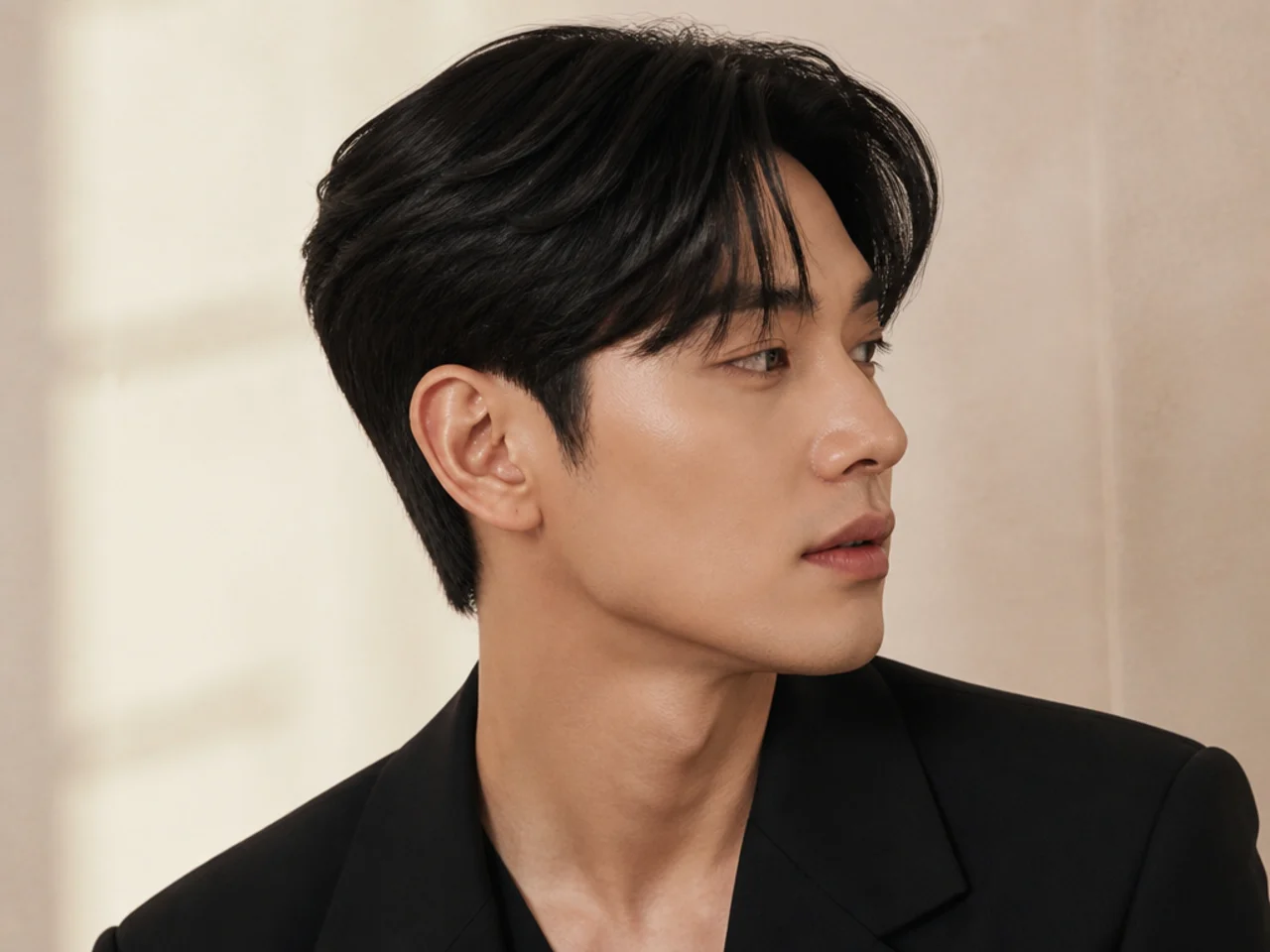 Sleek prince cut with soft side sweep and glossy finish on straight black hair