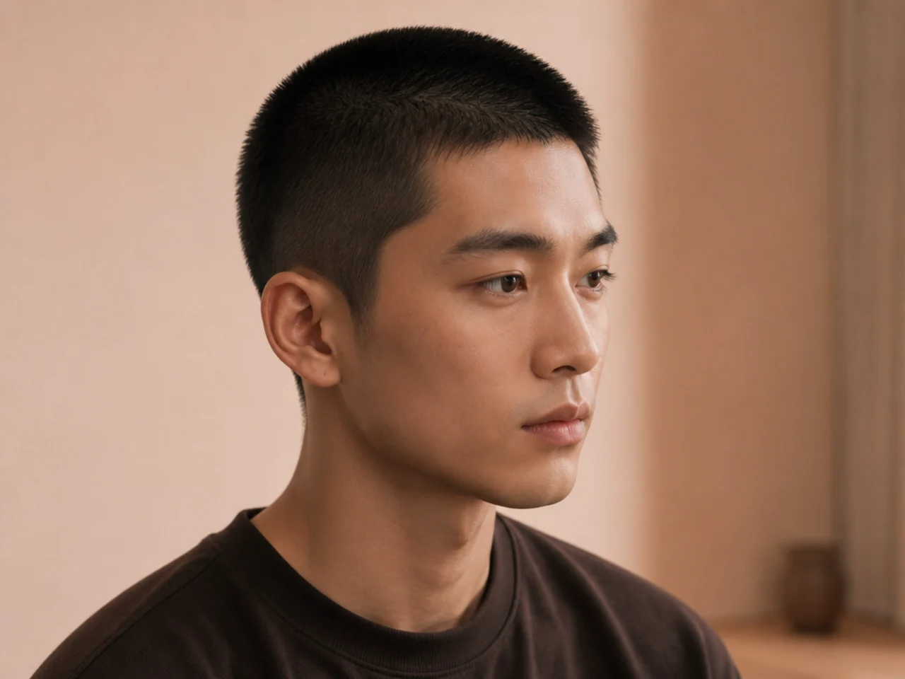Korean-style buzz cut at a three guard with soft temple taper on black hair