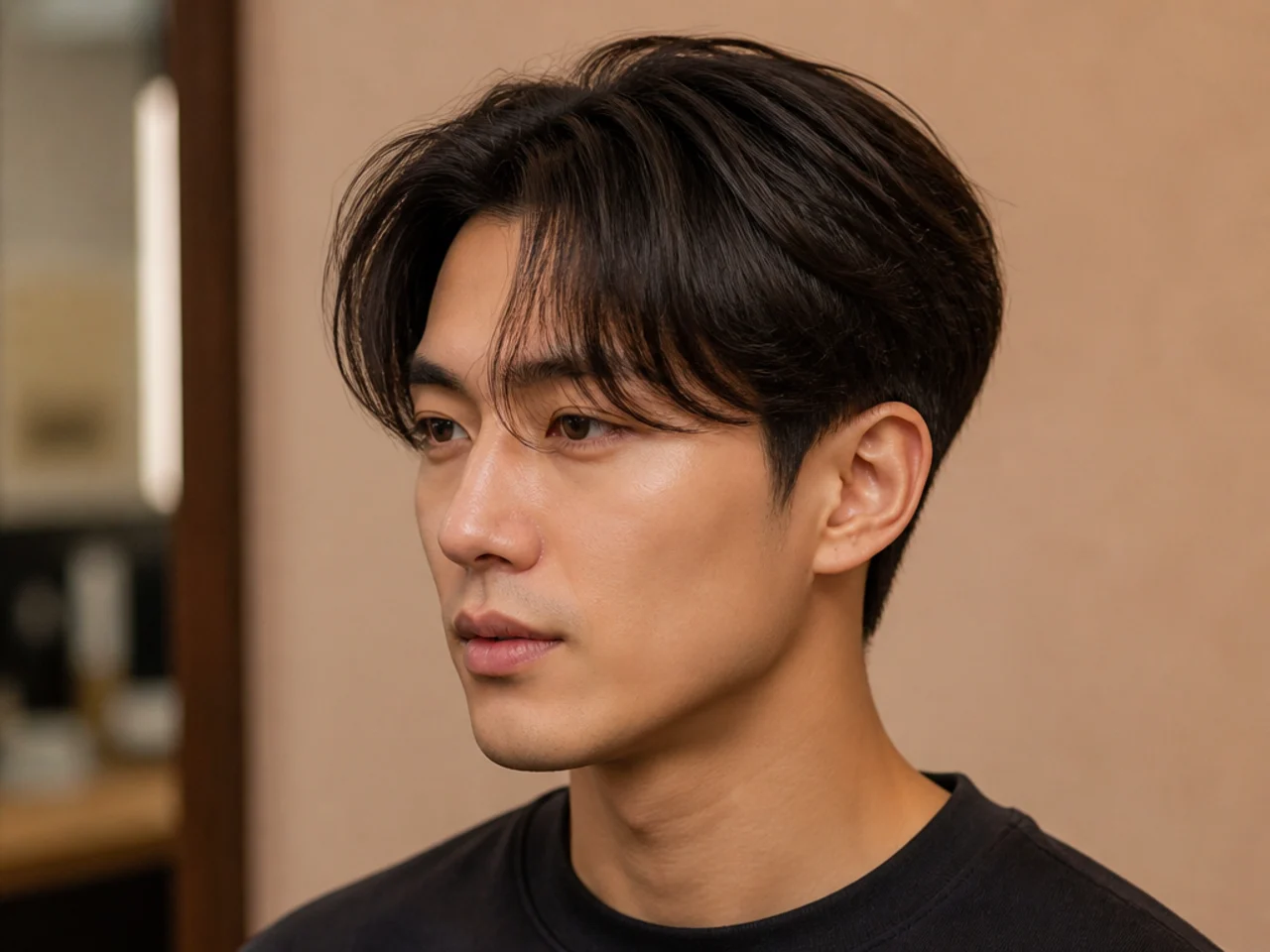 Wispy Korean curtain cut with a subtle low taper fade on straight black hair