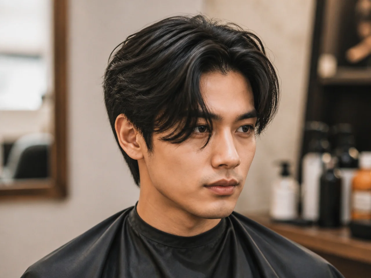 Side-swept curtain fringe running diagonally across the forehead on straight black hair