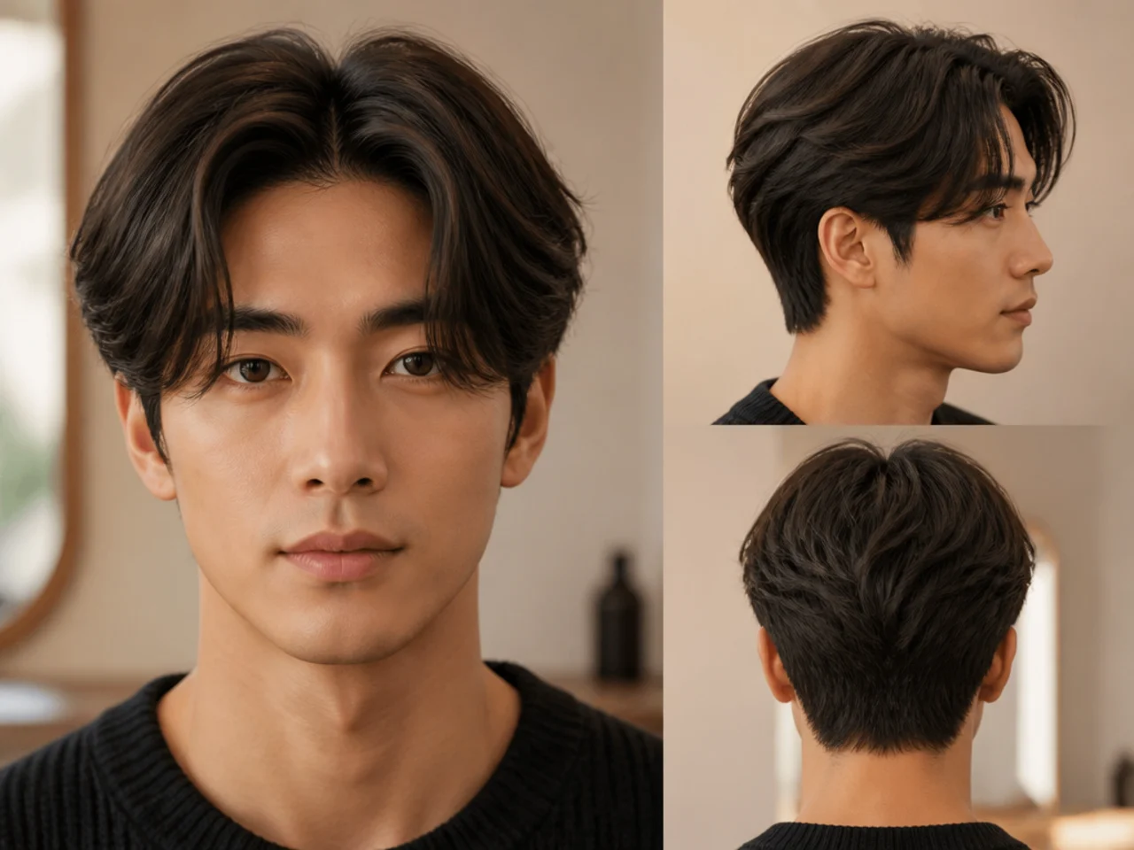 Center-parted haircut with curtain fringe framing the face on straight black hair