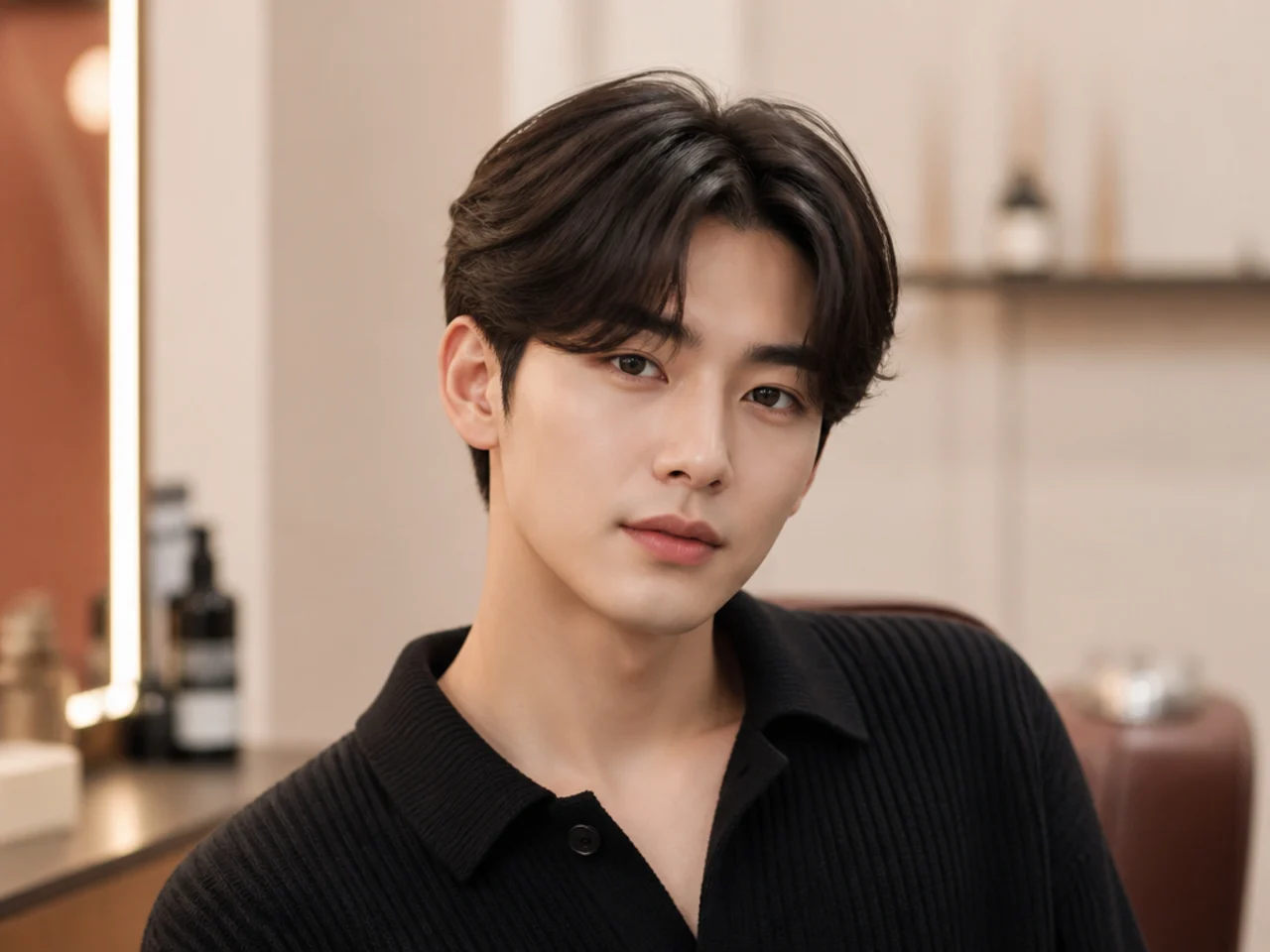 Wavy prince-style middle part with soft face-framing layers on straight black hair