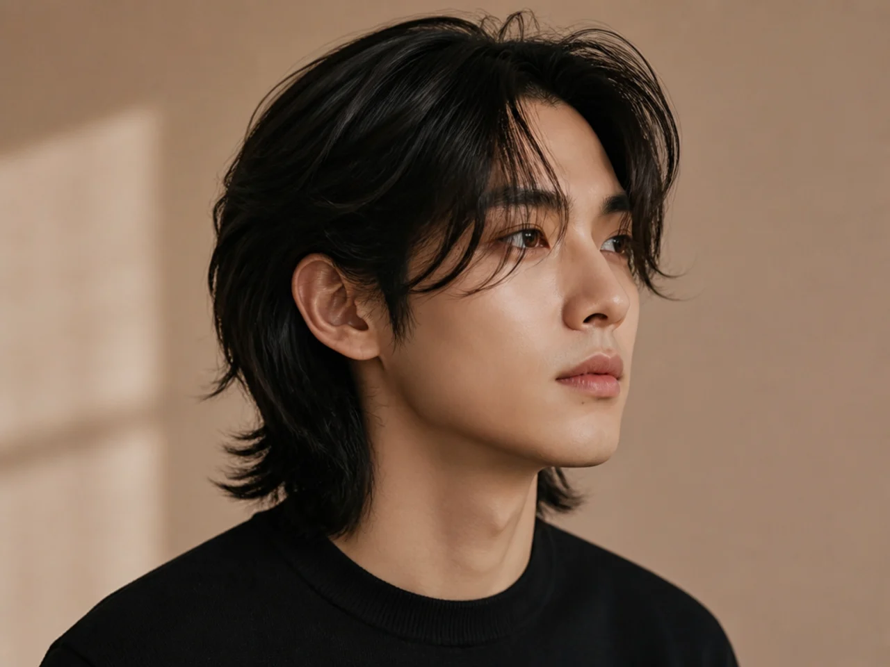 Long flow layers past the eyebrows and collar on wavy black hair