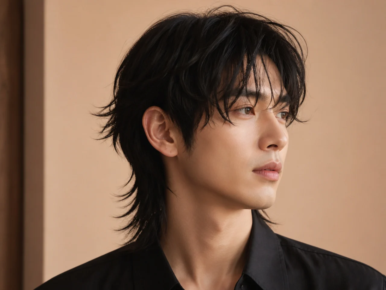 Korean wolf cut with heavy layers and a shaggy back on wavy black hair