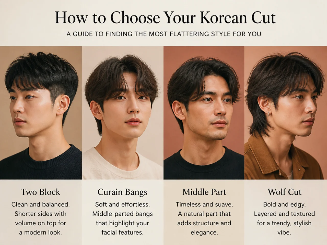 Side profile of a Korean two block haircut showing length on top and hidden clipper sides