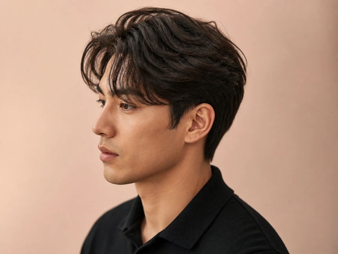 Editorial lineup of Korean men's haircuts on glossy black hair