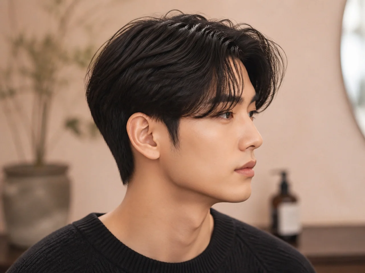 Korean haircut for men — glossy styled top with soft scissor-tapered sides