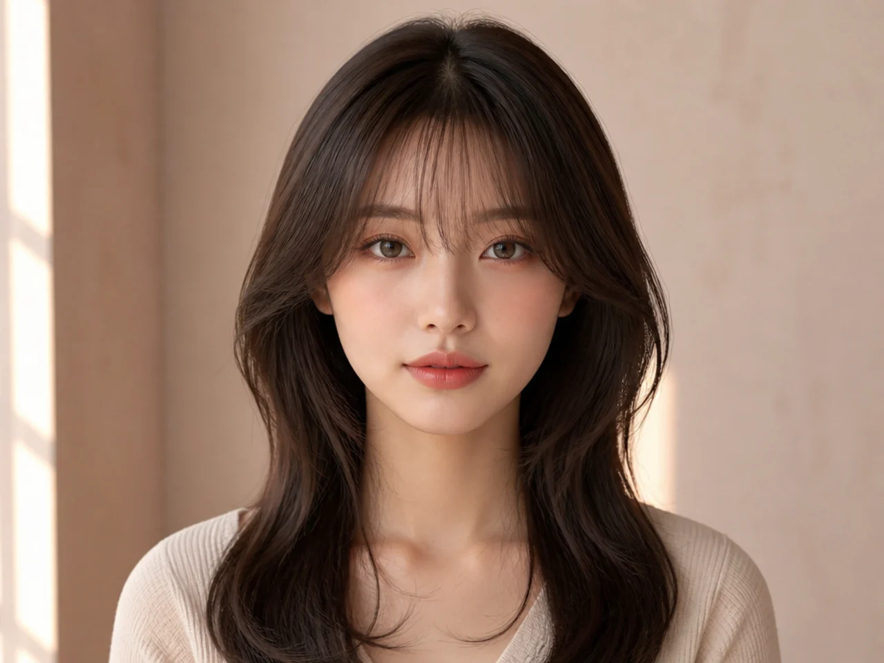 See-through bangs with long framing on a round face