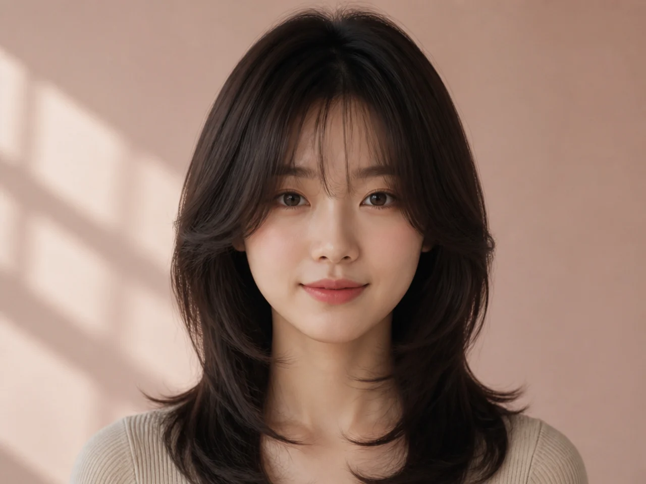 A hush cut with low layers on a round face