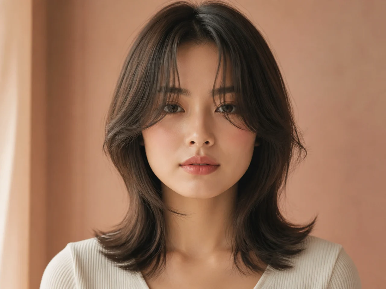 Curtain bangs blending past the jaw on a square face