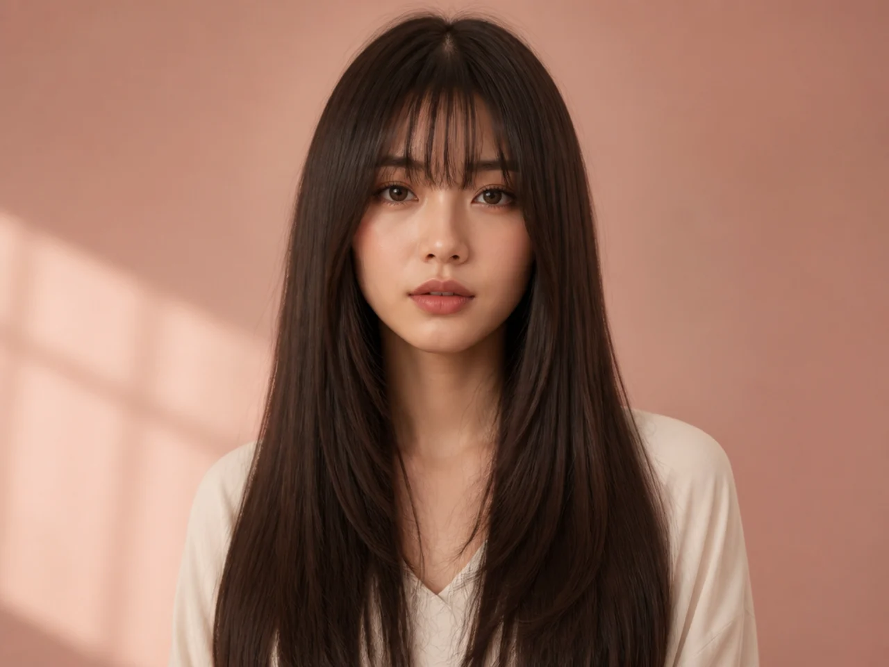 Long one-length hair with a fringe