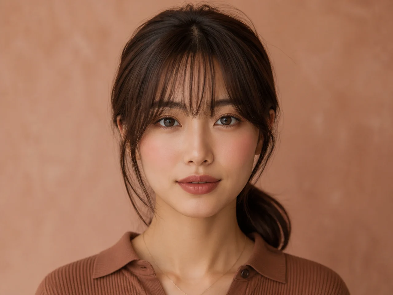 A low ponytail worn with bangs
