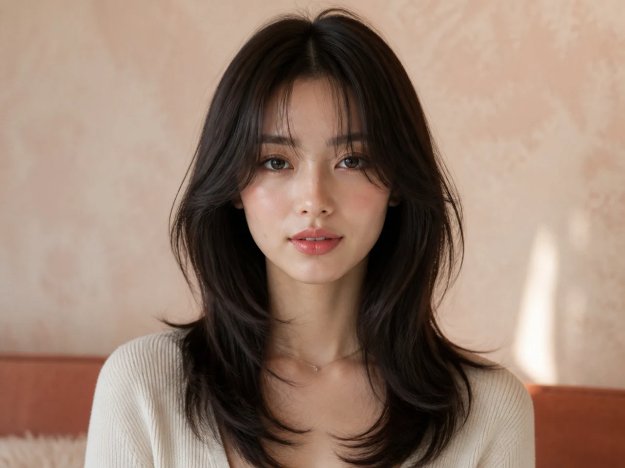 A hush cut with curtain bangs