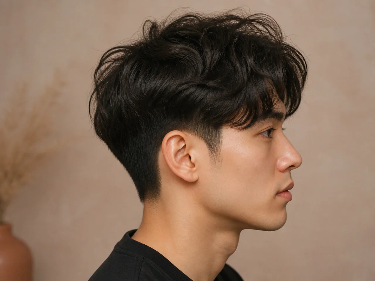 Overgrown Korean two block with 5 inches on top and grown-out sides on wavy black hair