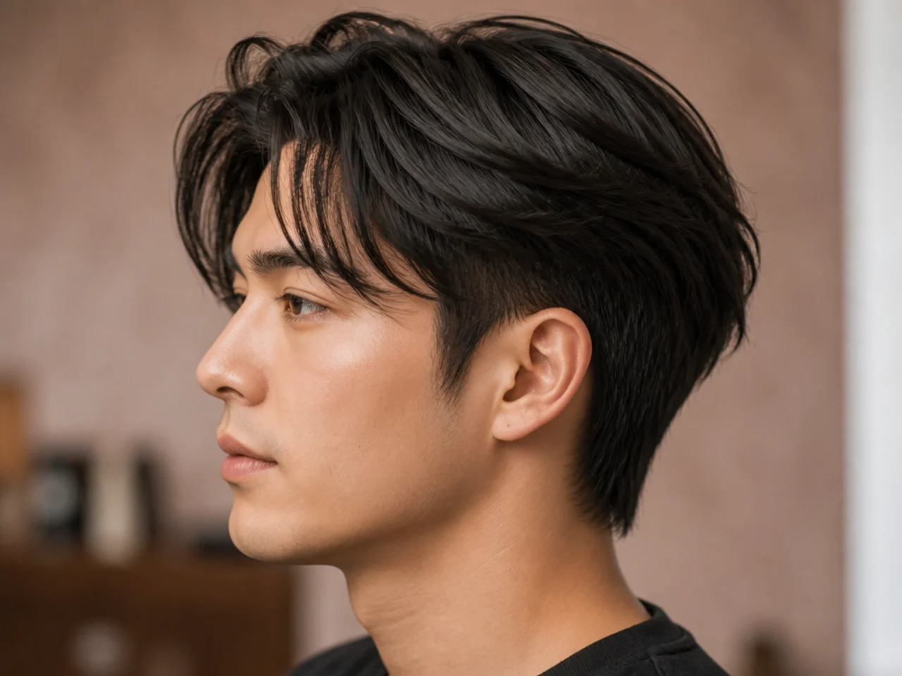Long Korean two block with 6 inches on top past the eyebrows on straight black hair